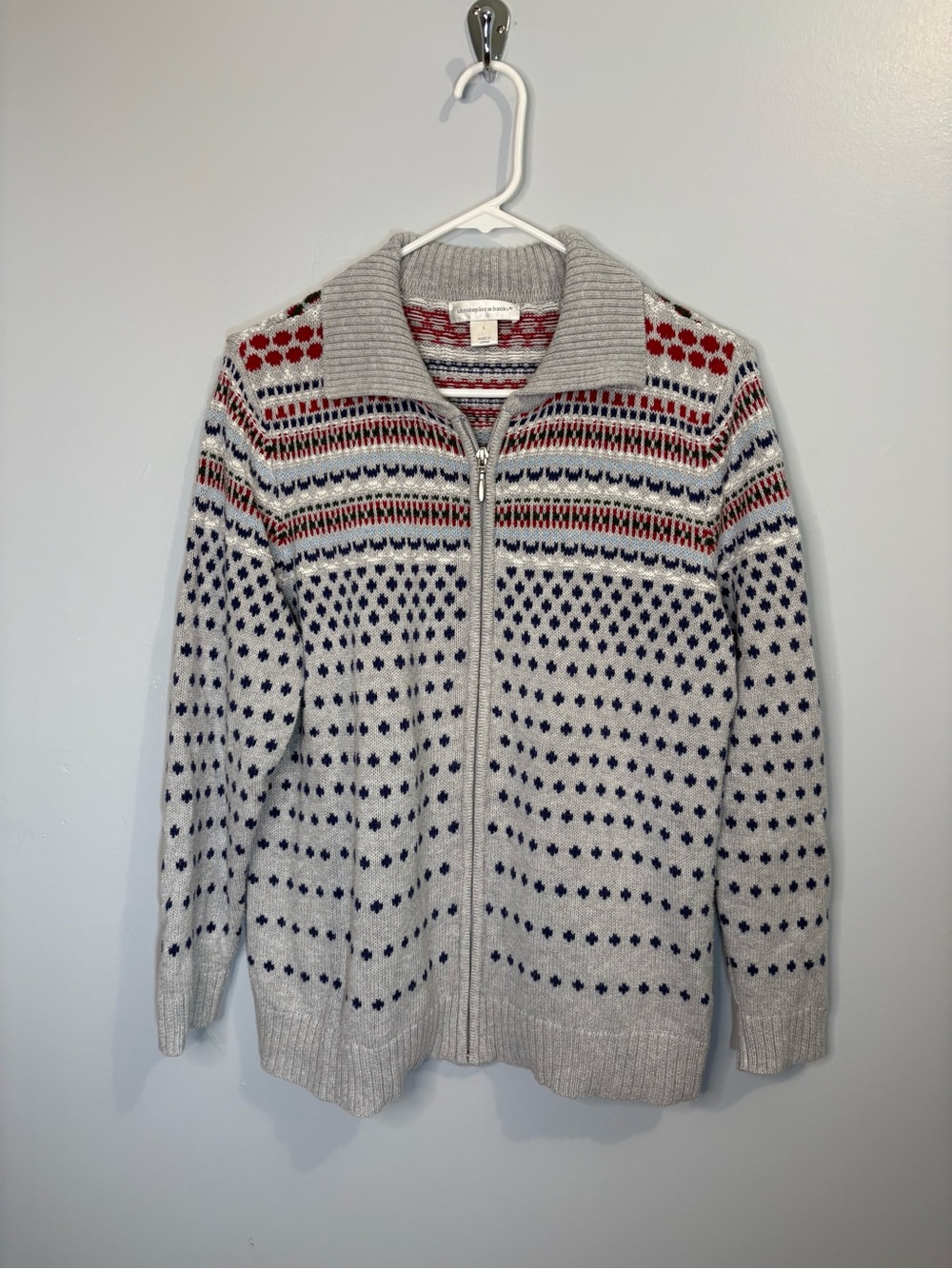 Christopher & Banks Gray Zip Cardigan Red Navy Knitwear Full Zip Front Large